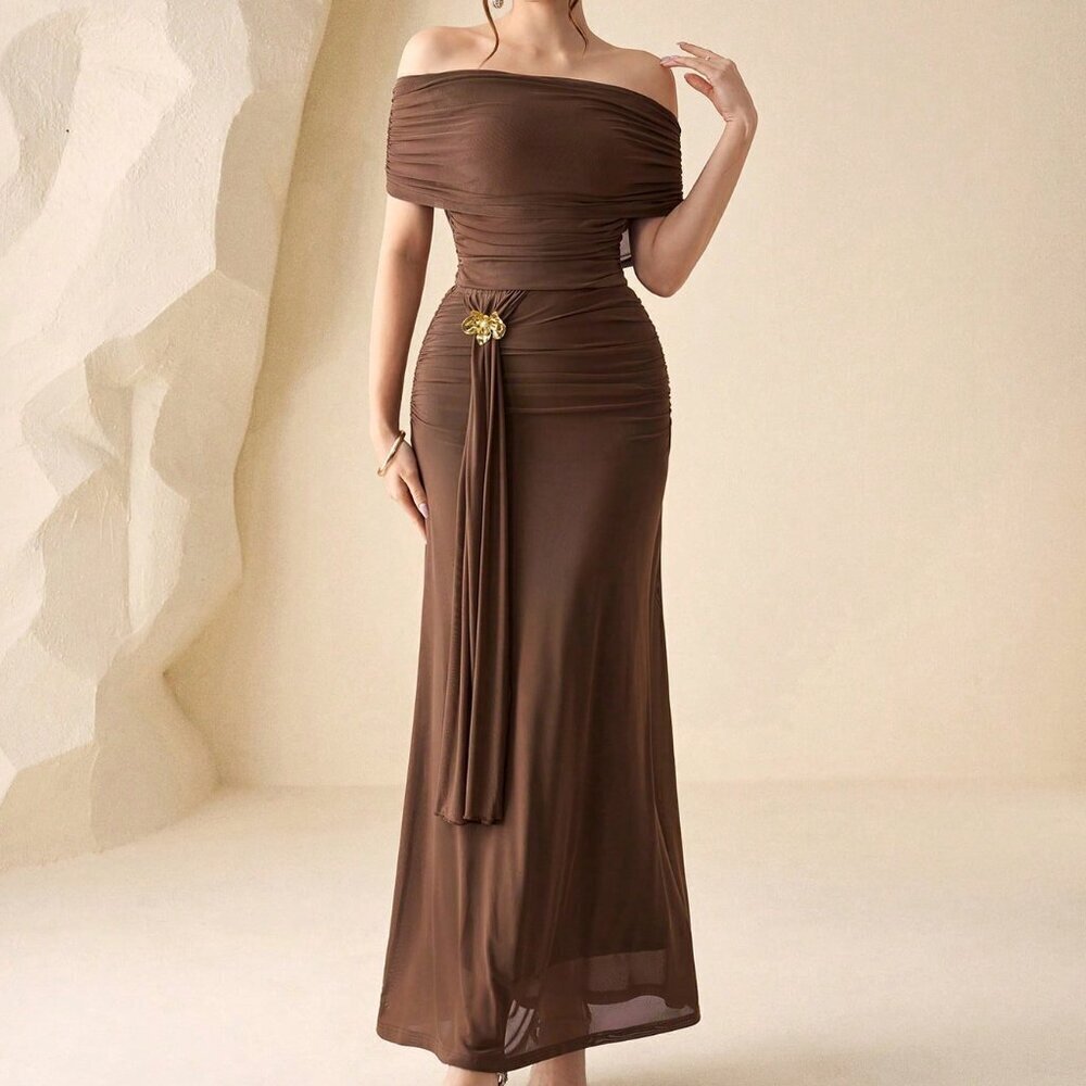Coffee Brown Elegant Women's French Ruffle Blouse Skirt